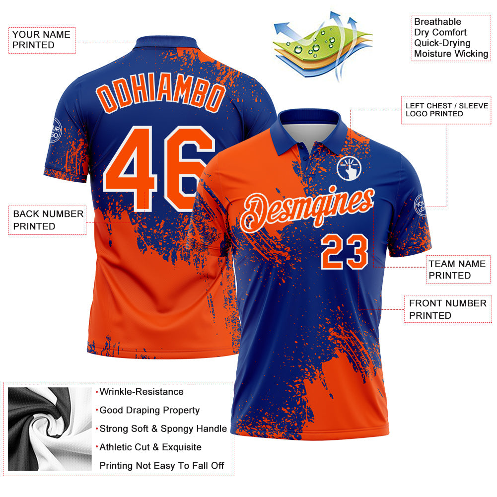 Custom Orange Royal-White 3D Pattern Design Abstract Brush Stroke Performance Polo Shirt