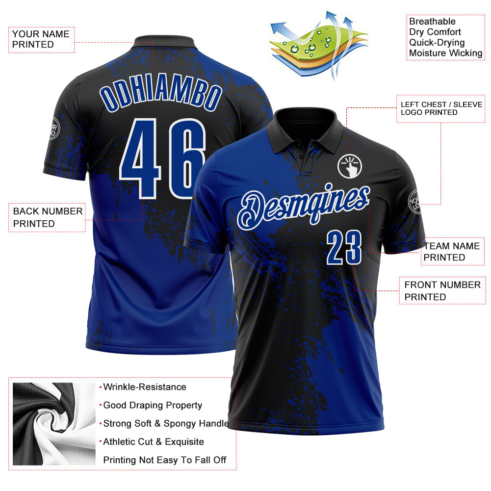 Custom Royal Black-White 3D Pattern Design Abstract Brush Stroke Performance Polo Shirt