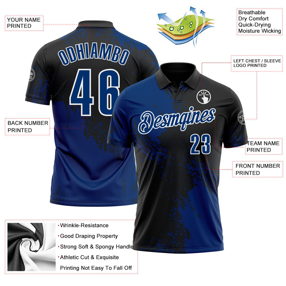 Custom US Navy Blue Black-White 3D Pattern Design Abstract Brush Stroke Performance Polo Shirt