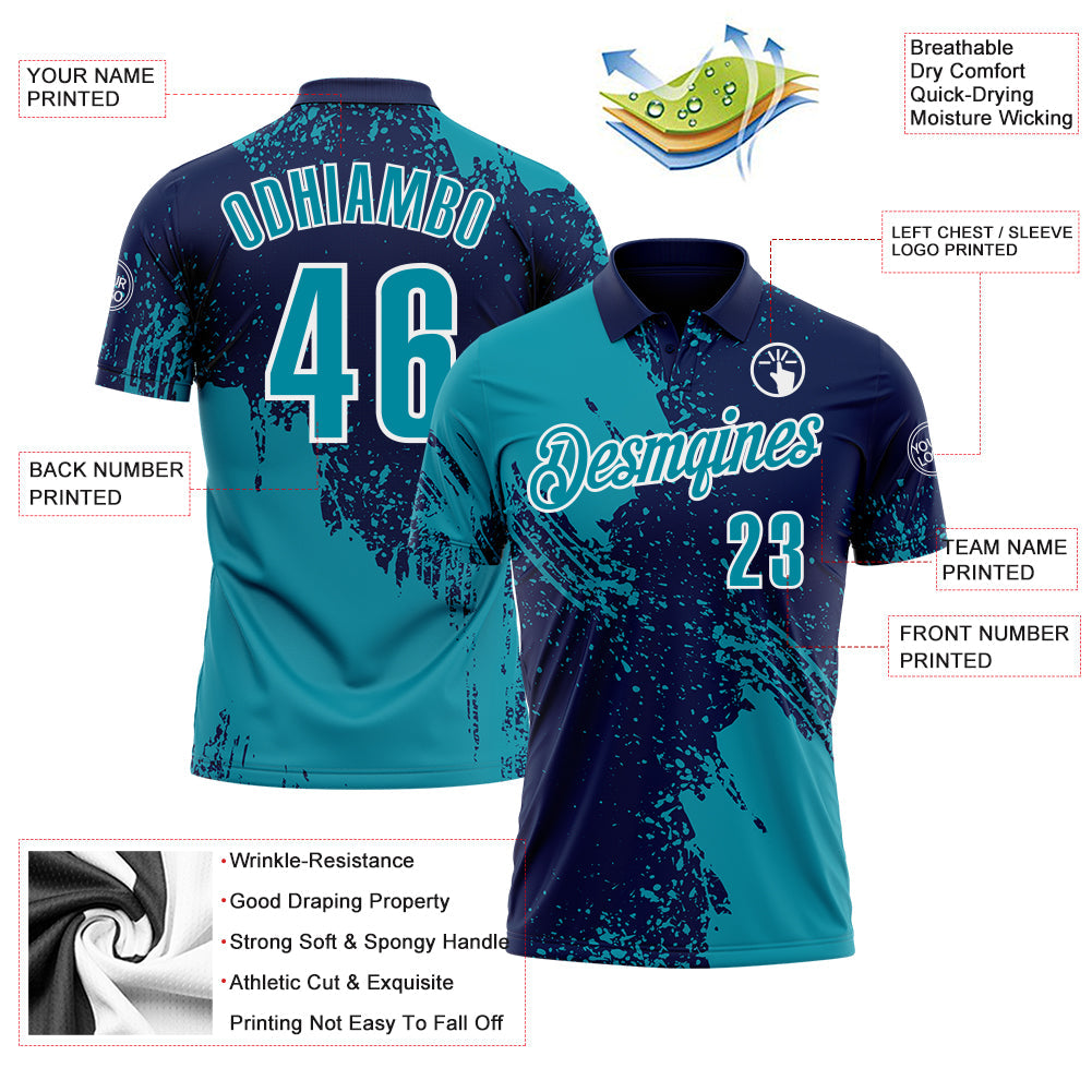 Custom Teal Navy-White 3D Pattern Design Abstract Brush Stroke Performance Polo Shirt