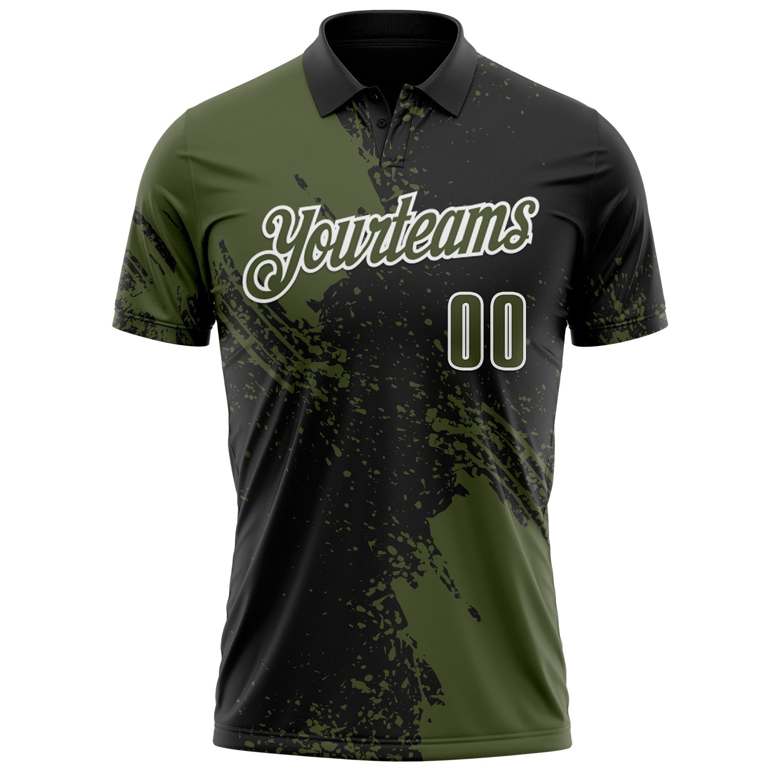 Custom Olive Black-White 3D Pattern Design Abstract Brush Stroke Performance Polo Shirt