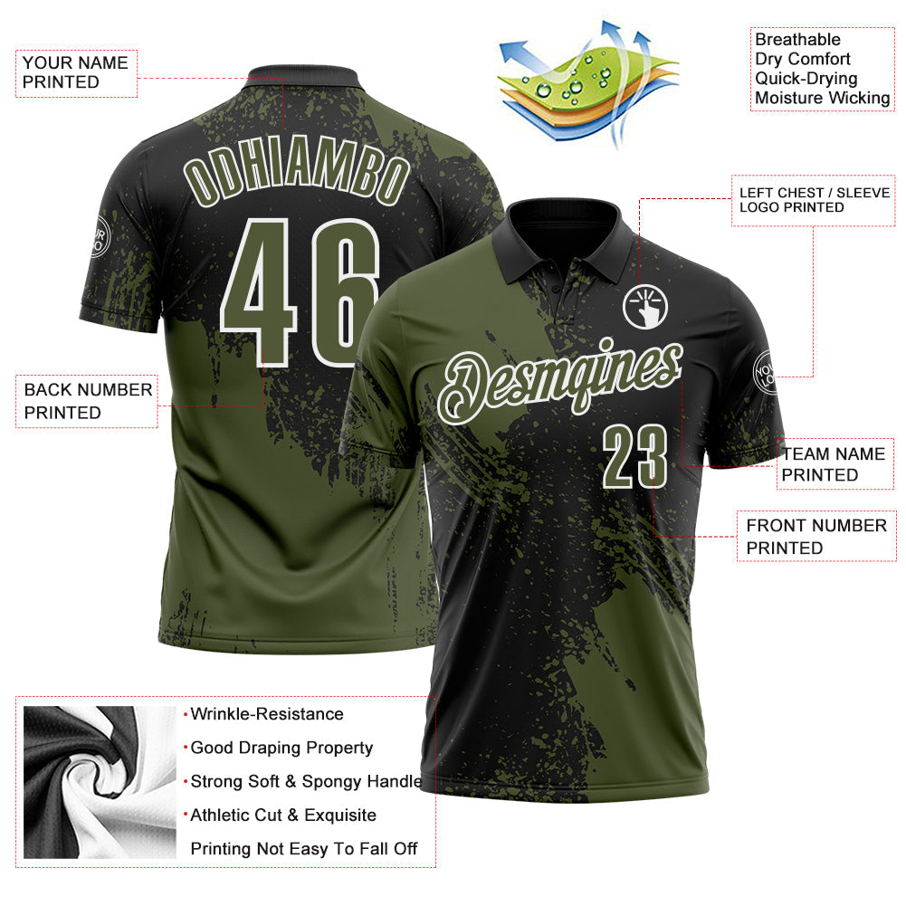 Custom Olive Black-White 3D Pattern Design Abstract Brush Stroke Performance Polo Shirt