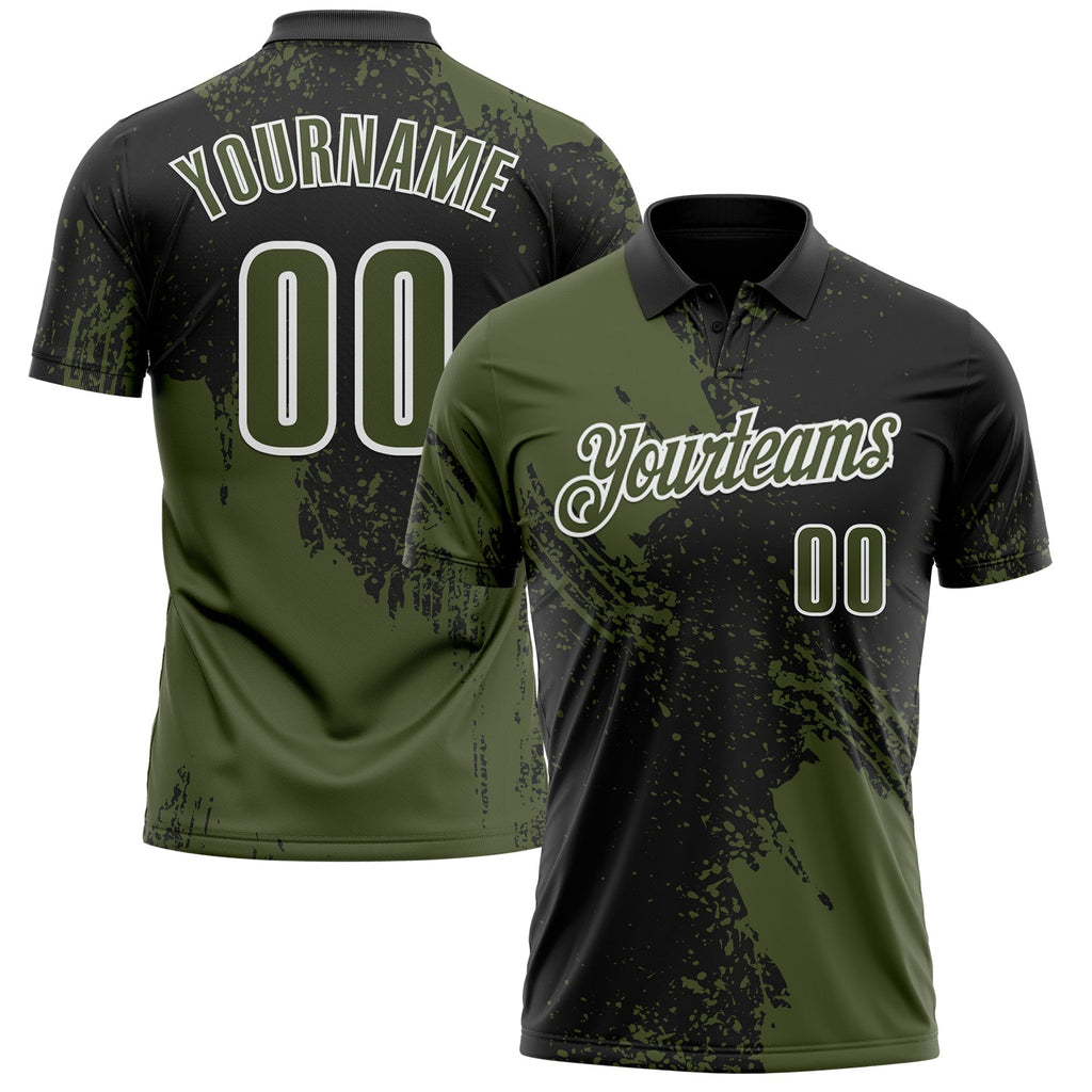 Custom Olive Black-White 3D Pattern Design Abstract Brush Stroke Performance Polo Shirt