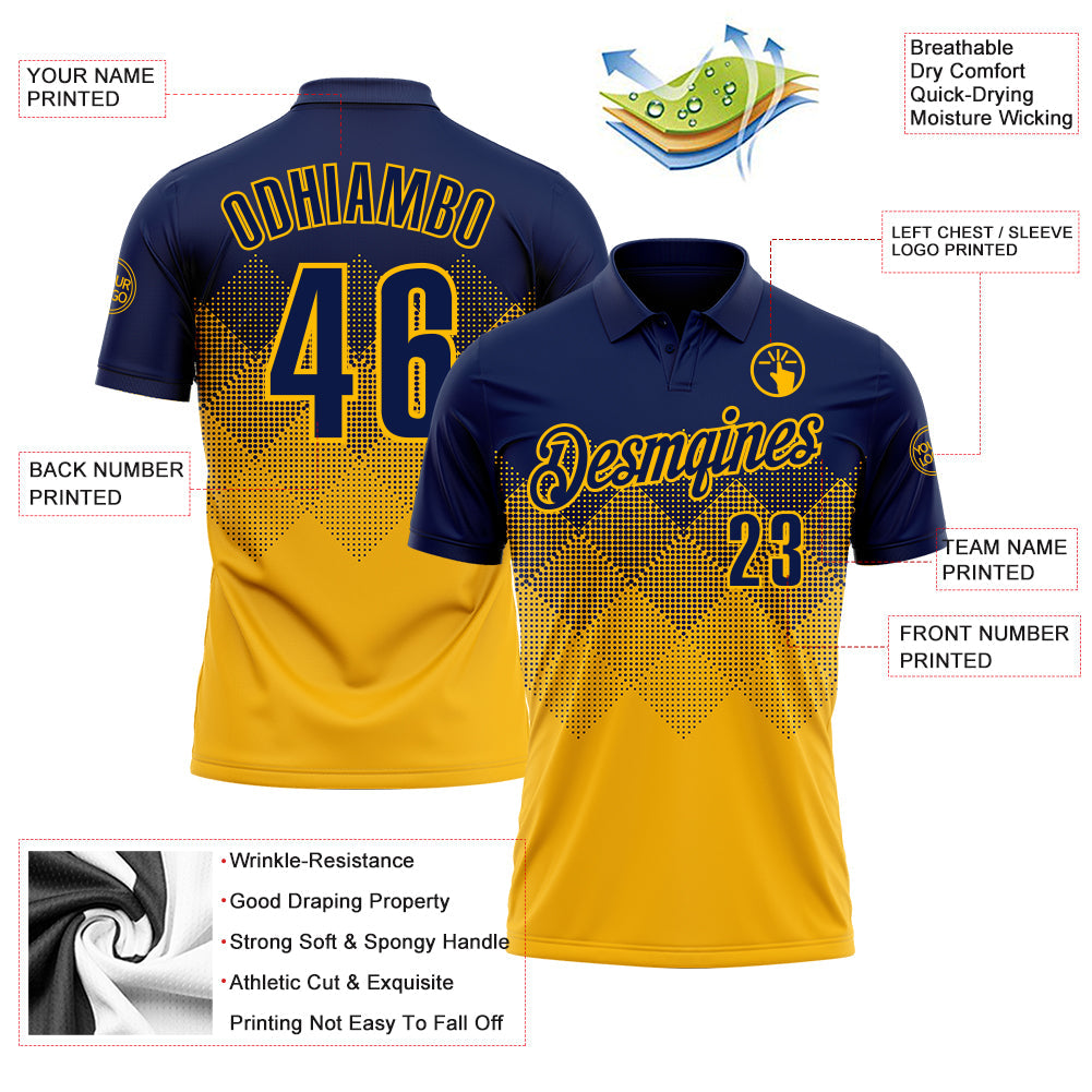 Custom Navy Gold 3D Gradient Square Shape Performance Polo Shirt