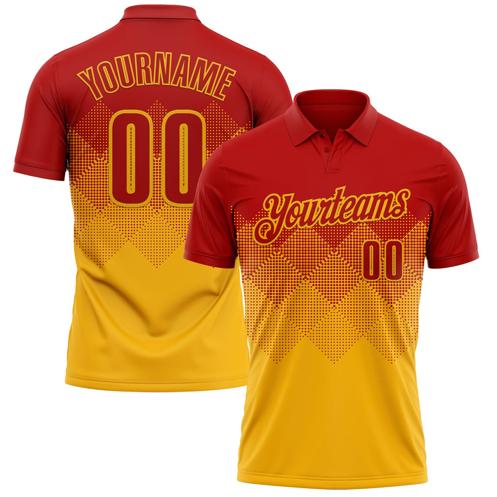 Custom Red Gold 3D Gradient Square Shape Performance Polo Shirt