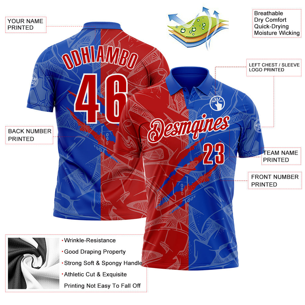 Custom Graffiti Pattern Red Thunder Blue-White 3D Scratch Performance Polo Shirt