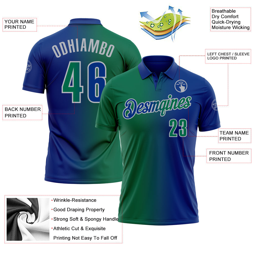 Custom Royal Kelly Green-Gray 3D Gradient Fashion Performance Polo Shirt
