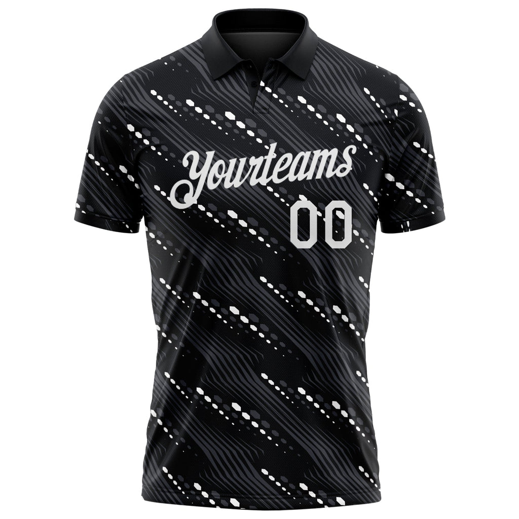 Custom Black-White Slant Lines Cyber Mecha Tech Performance Polo Shirt