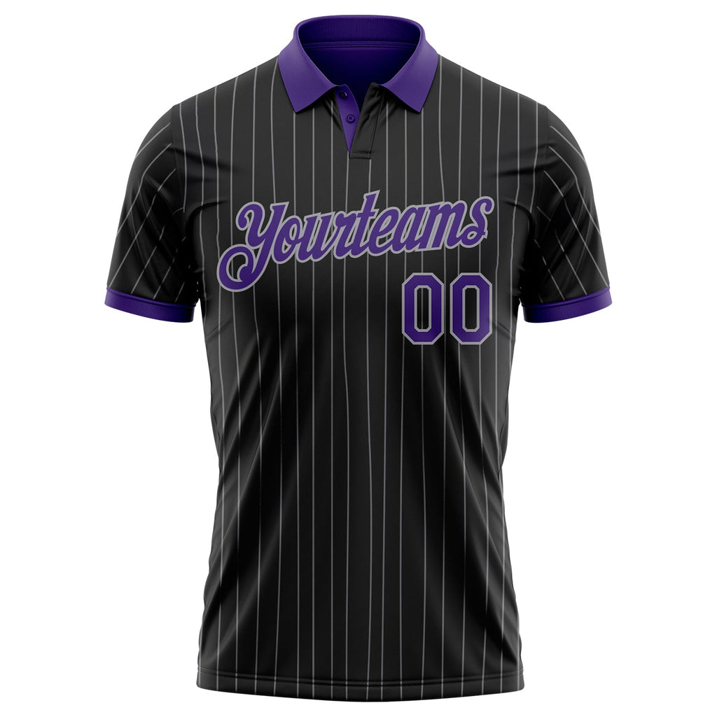 Custom Black Gray Pinstripe-Purple Performance Polo Shirt
