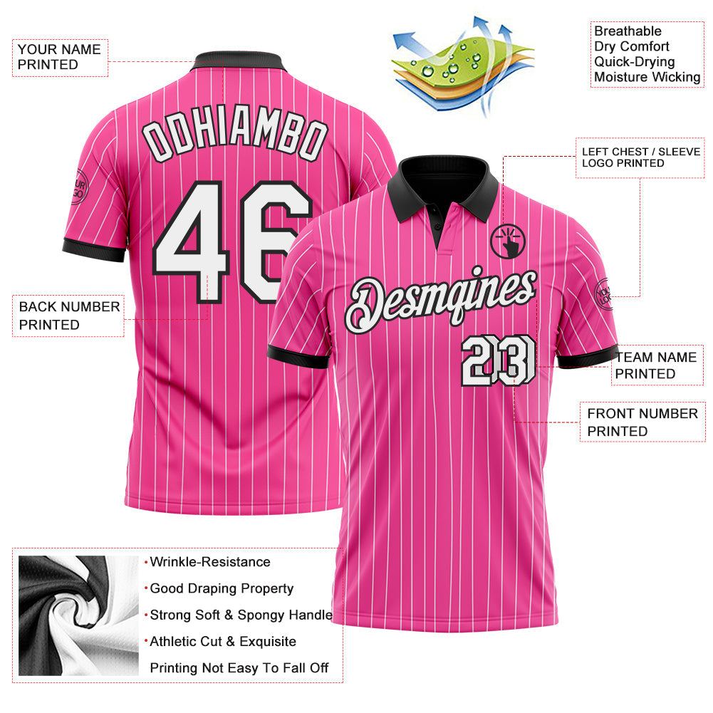Custom Pink White Pinstripe-Black Performance Polo Shirt