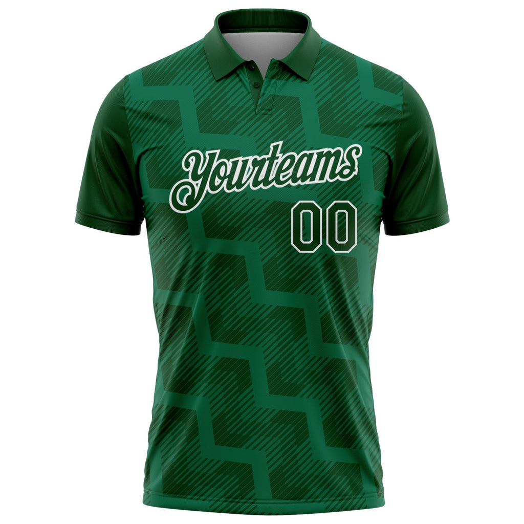 Custom Green Kelly Green-White Geometric Block Diagonal Line Hatching Performance Polo Shirt