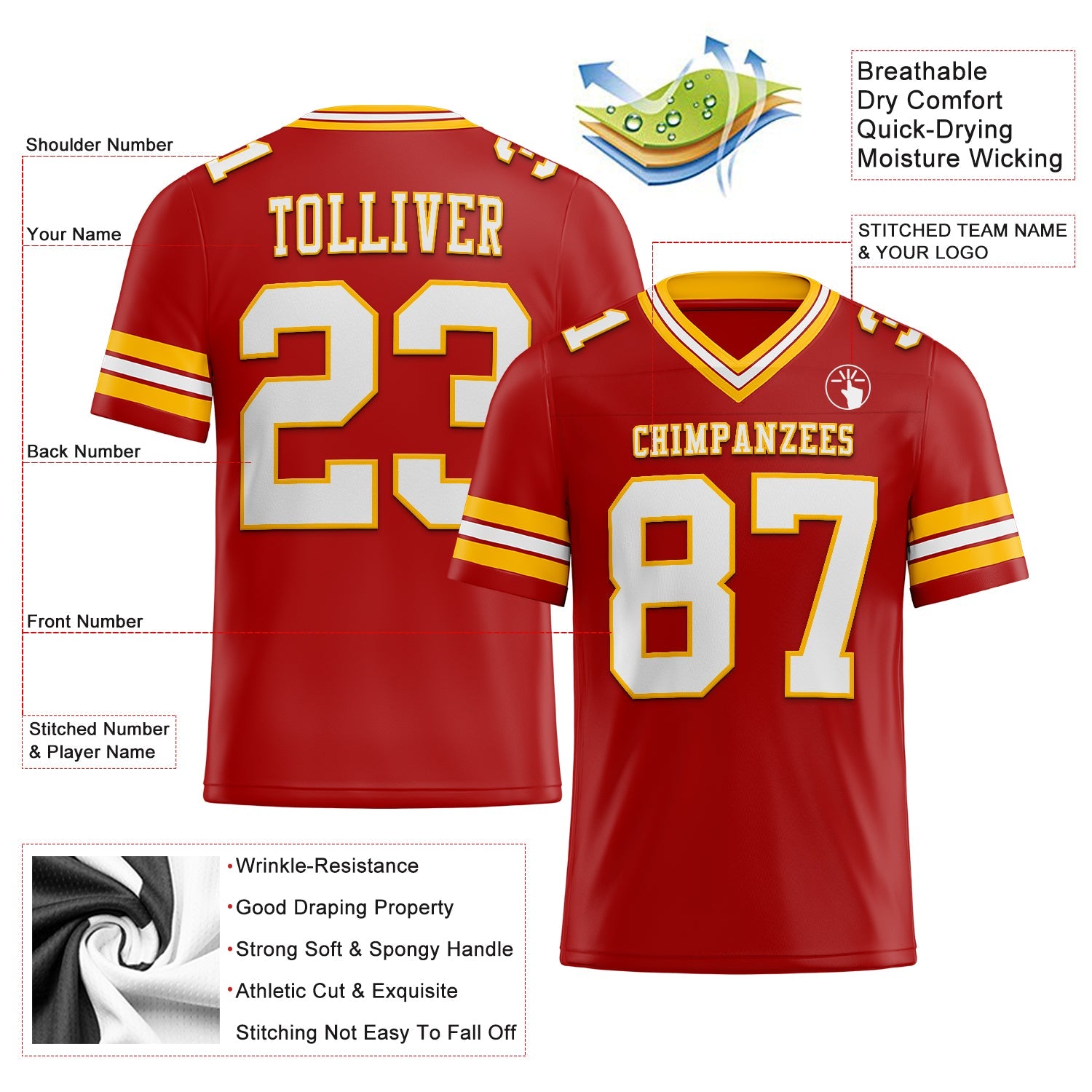 Custom Red White-Gold Authentic Football Jersey