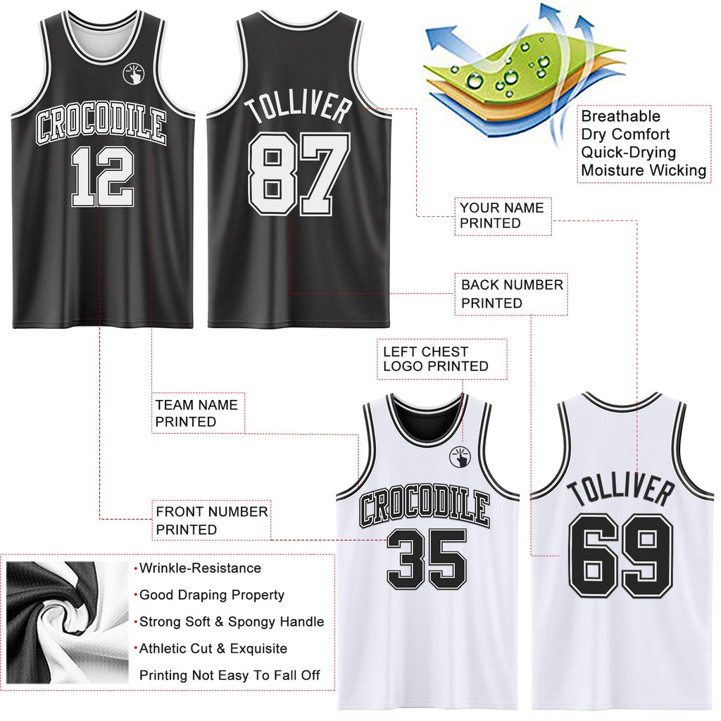 Custom Reversible Black White Double Side Sublimation Basketball Set Jersey