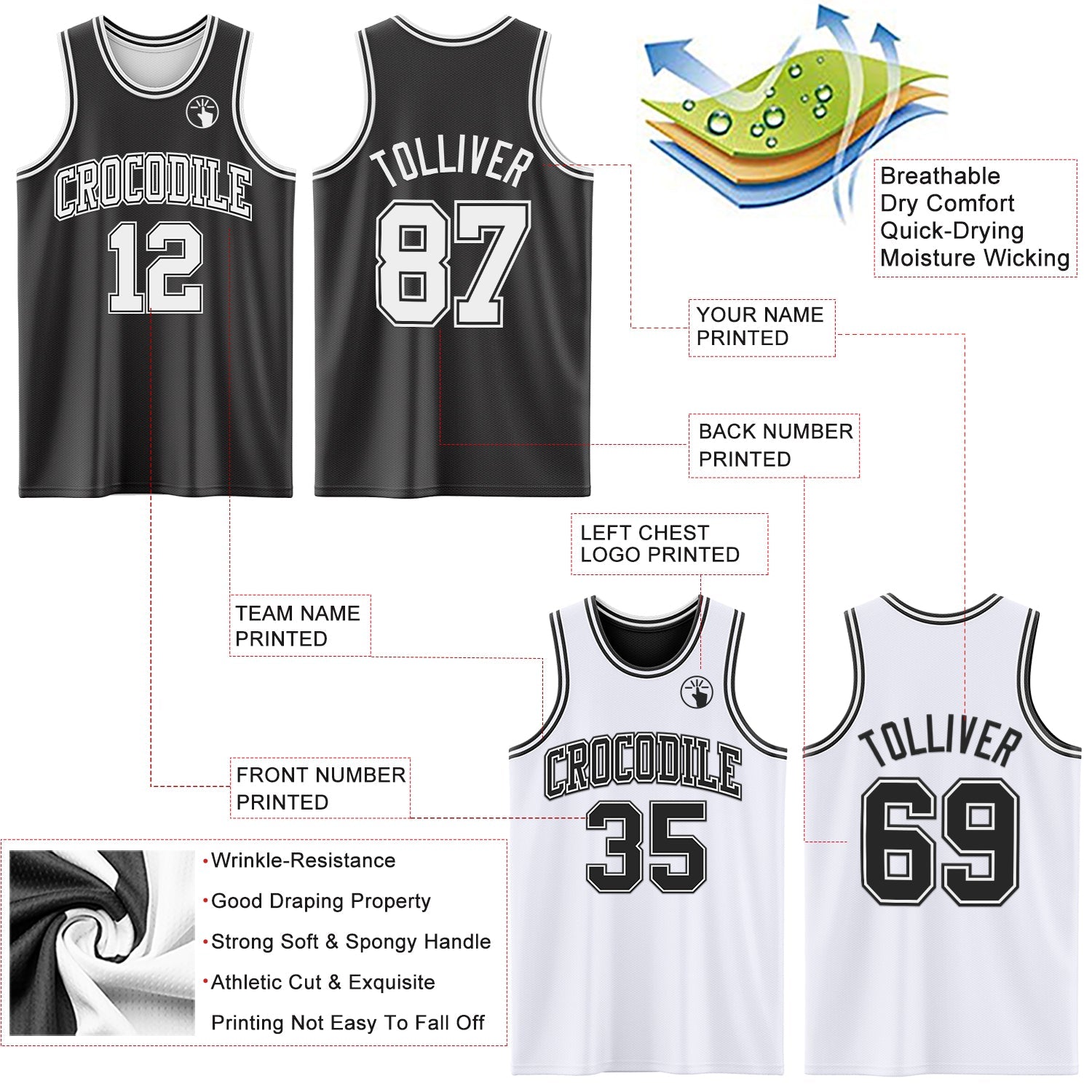 Custom Reversible Black White Double Side Sublimation Basketball Set Jersey