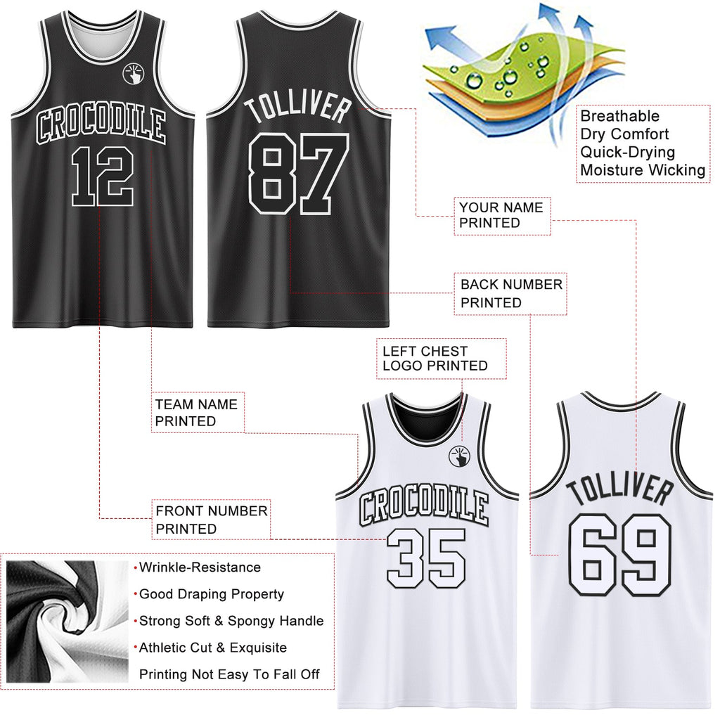 Custom Reversible Black White Double Side Sublimation Basketball Set Jersey