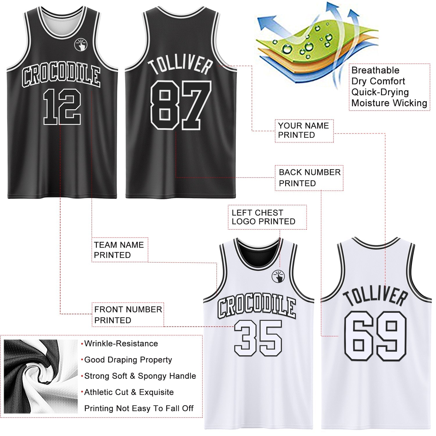 Custom Reversible Black White Double Side Sublimation Basketball Set Jersey