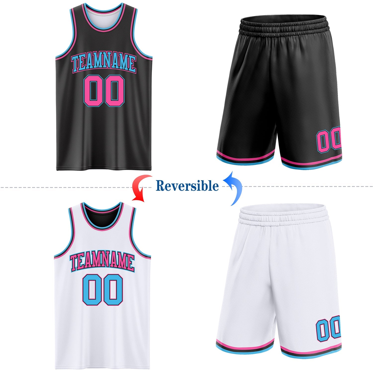 Custom Reversible Black Pink-Sky Blue Double Side Sublimation Basketball Set Jersey