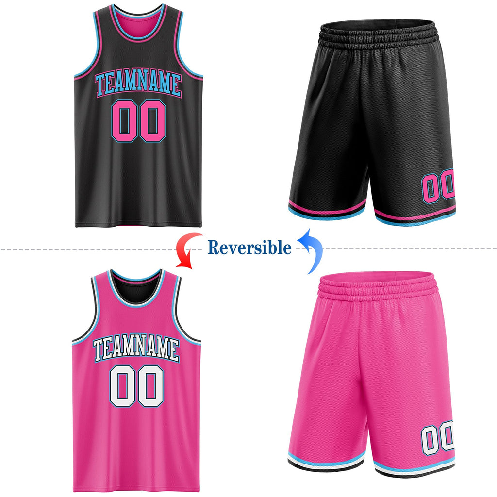 Custom Reversible Black Pink-Sky Blue Double Side Sublimation Basketball Set Jersey