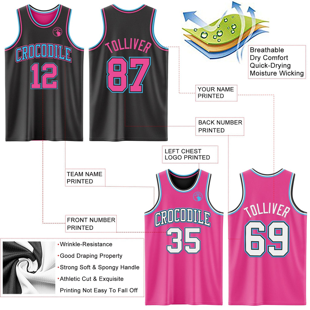 Custom Reversible Black Pink-Sky Blue Double Side Sublimation Basketball Set Jersey