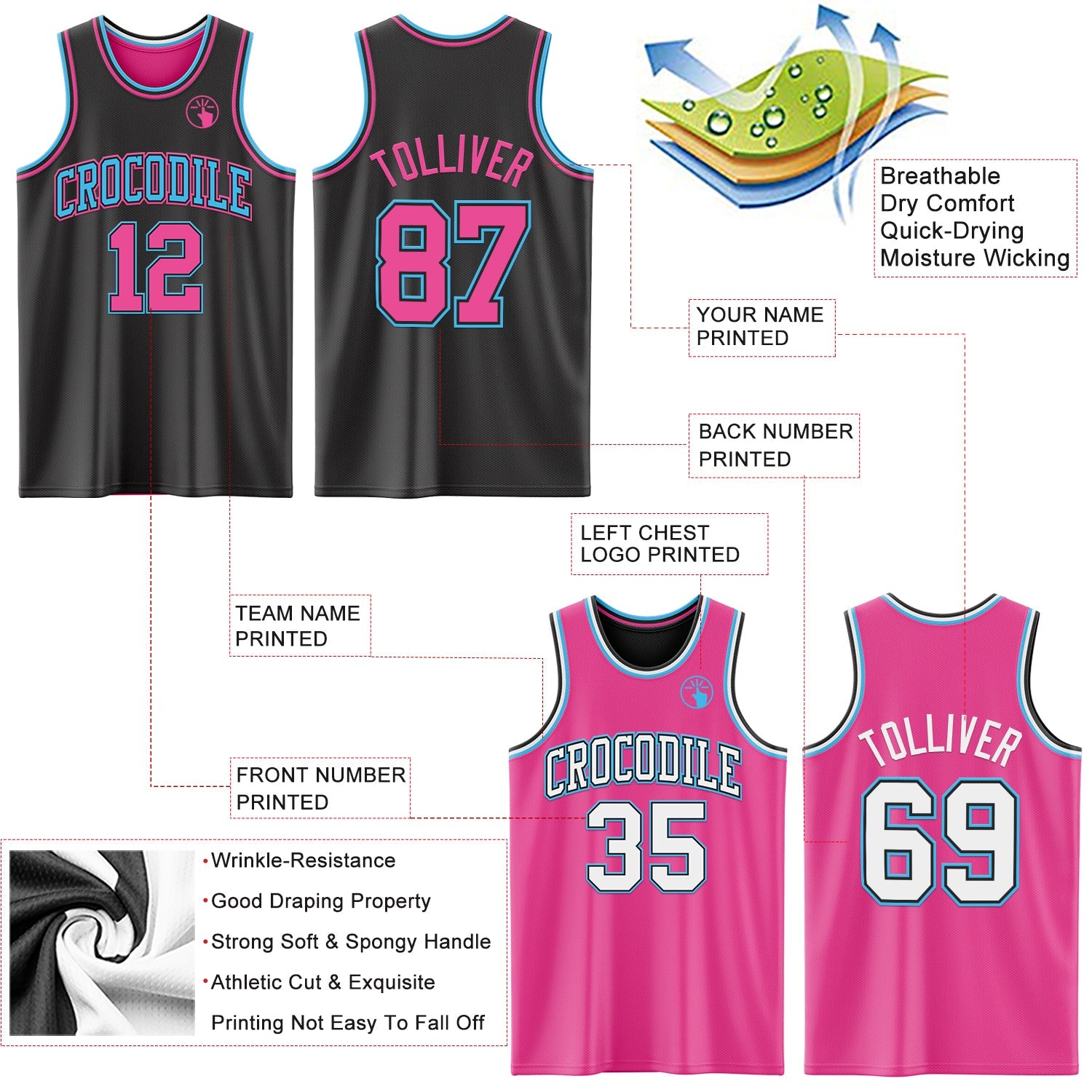 Custom Reversible Black Pink-Sky Blue Double Side Sublimation Basketball Set Jersey