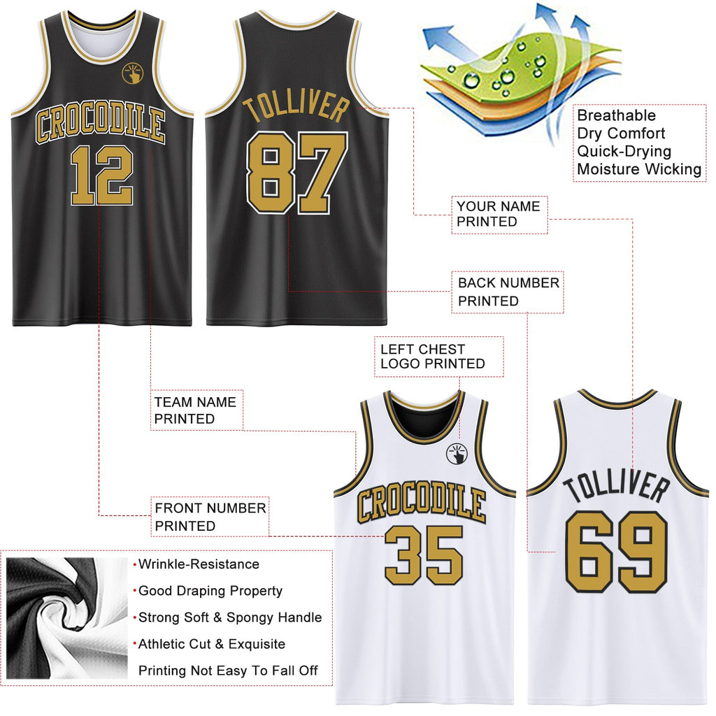 Custom Reversible Black Old Gold-White Double Side Sublimation Basketball Set Jersey