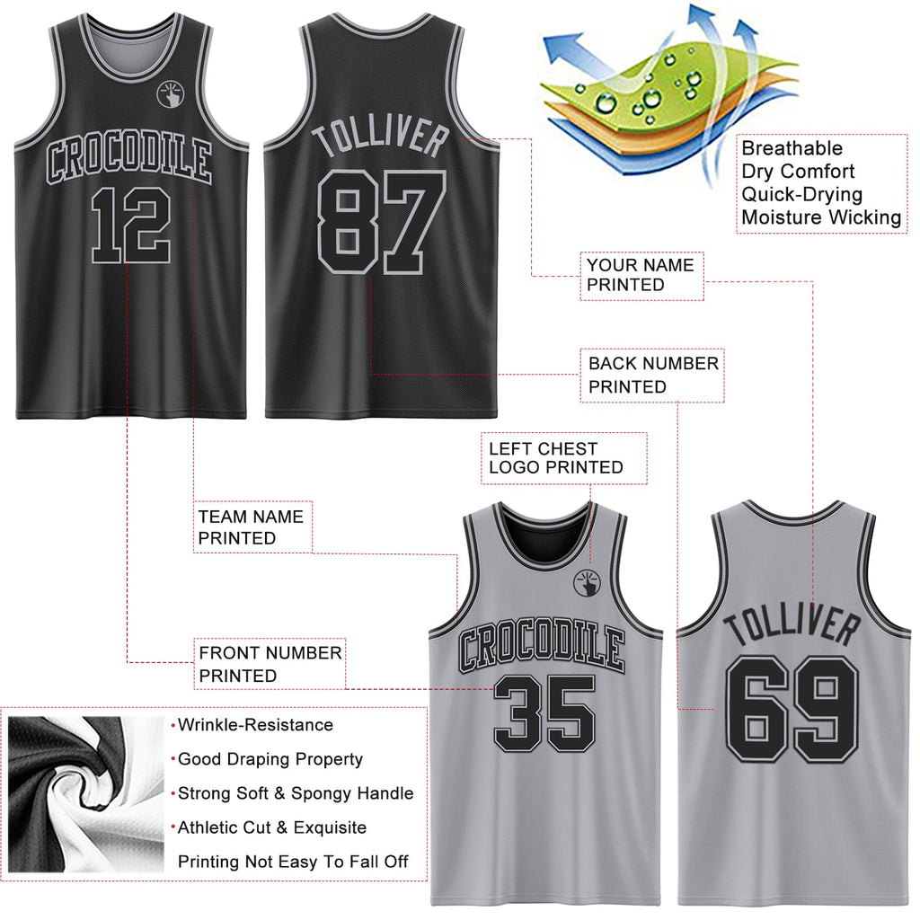 Custom Reversible Black Gray Double Side Sublimation Basketball Set Jersey
