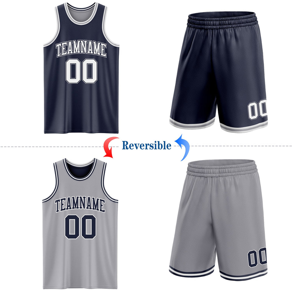 Custom Navy White-Gray Reversible Double Side Sublimation Basketball Set Jersey