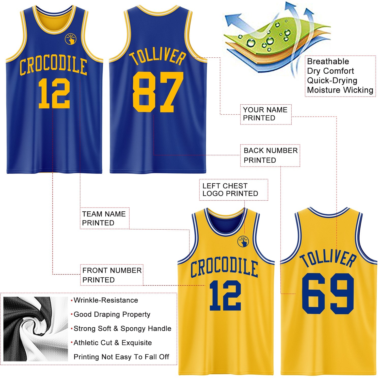 Custom Royal Gold-White Reversible Double Side Sublimation Basketball Set Jersey