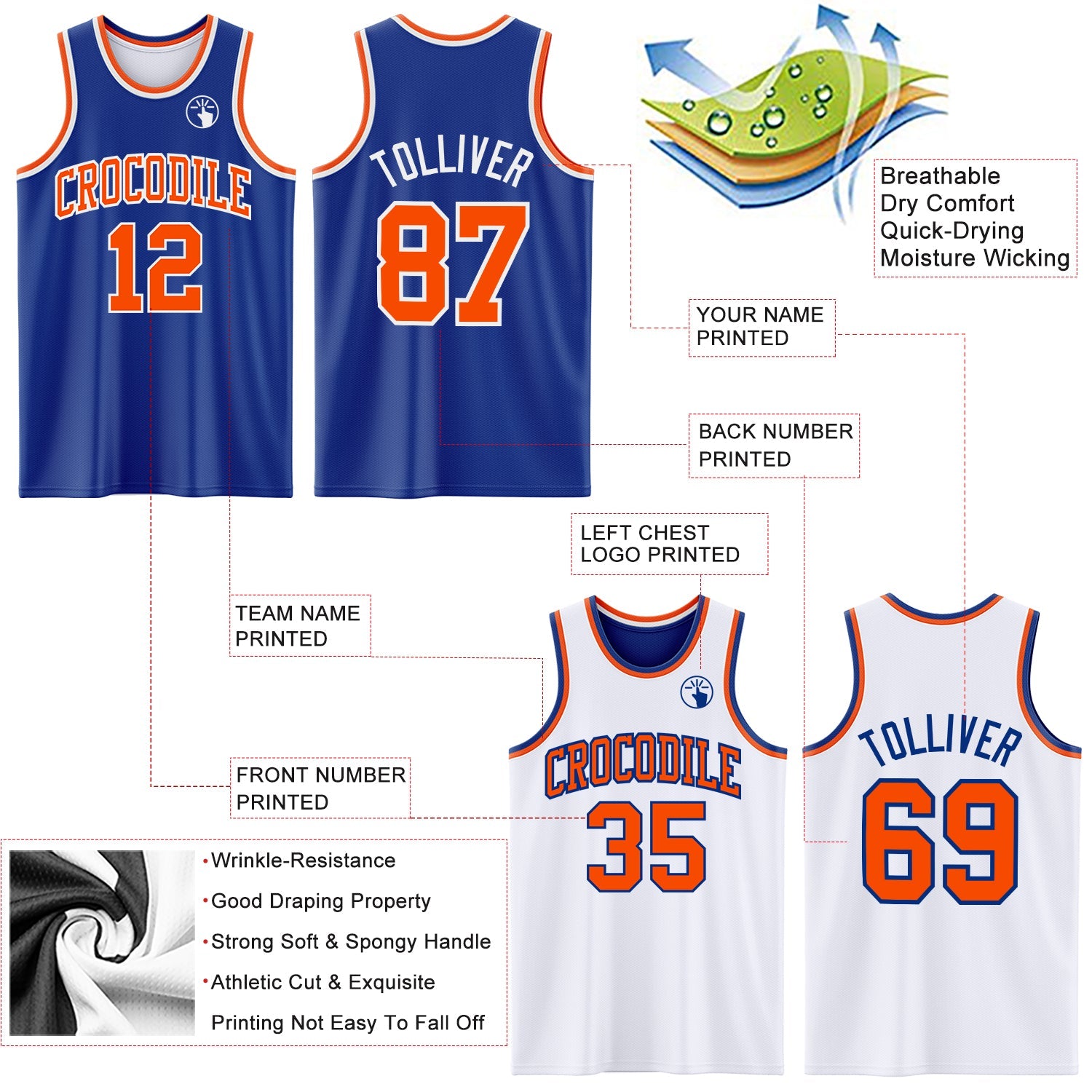 Custom Royal Orange-White Reversible Double Side Sublimation Basketball Set Jersey