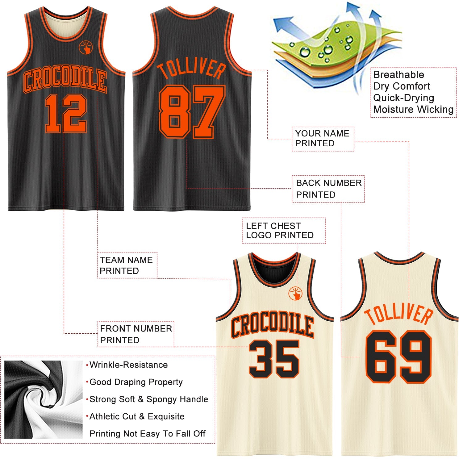 Custom Reversible Black Orange Double Side Sublimation Basketball Set Jersey