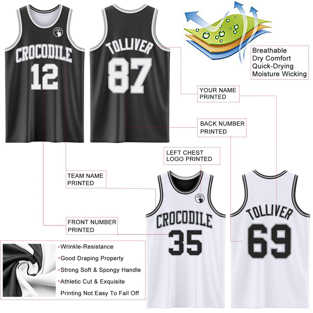 Custom Reversible Black White-Gray Double Side Sublimation Basketball Set Jersey