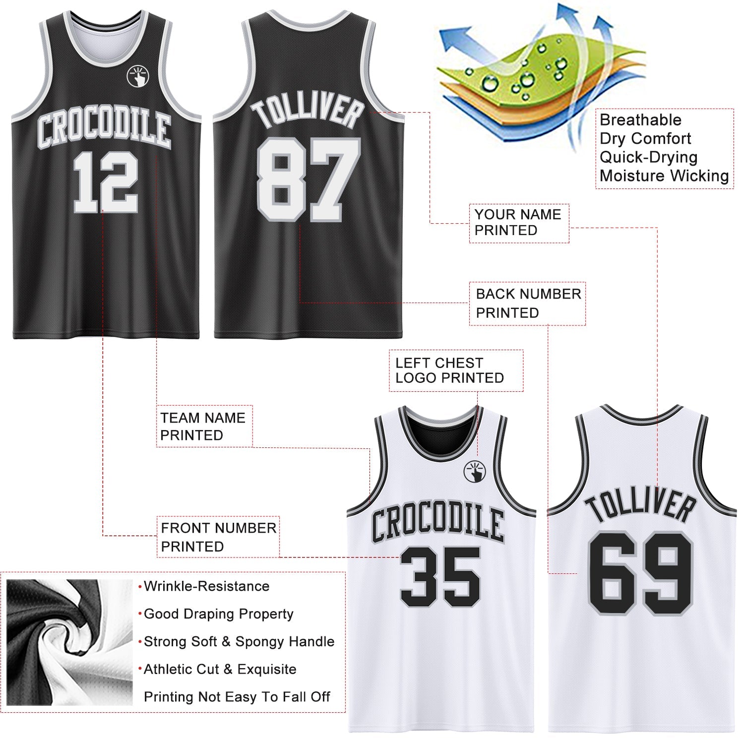 Custom Reversible Black White-Gray Double Side Sublimation Basketball Set Jersey