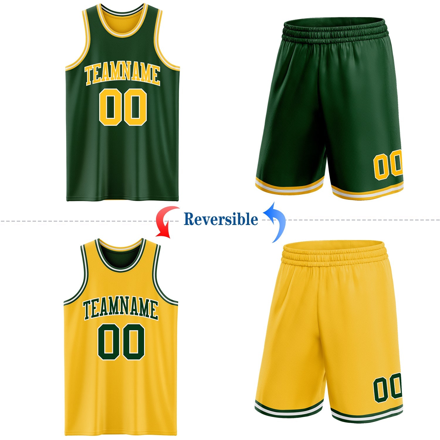 Custom Reversible Green Gold-White Double Side Sublimation Basketball Set Jersey