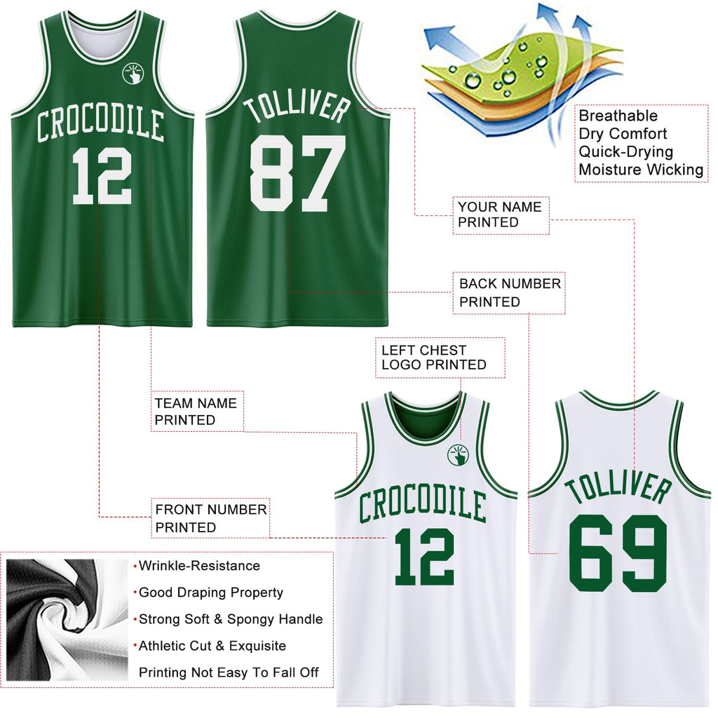 Custom Reversible Kelly Green White Double Side Sublimation Basketball Set Jersey
