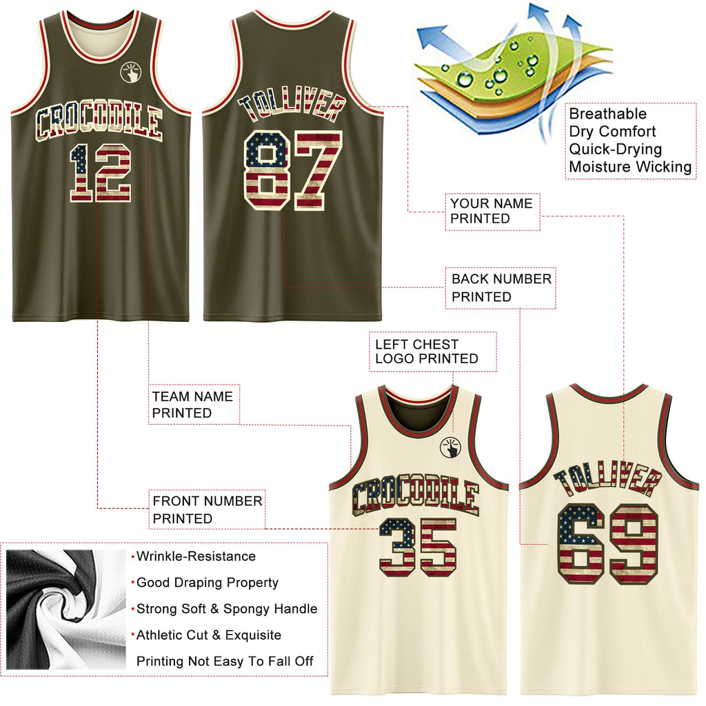 Custom Reversible Olive Vintage USA Flag Cream-Red Double Side Salute To Service Sublimation Basketball Set Jersey