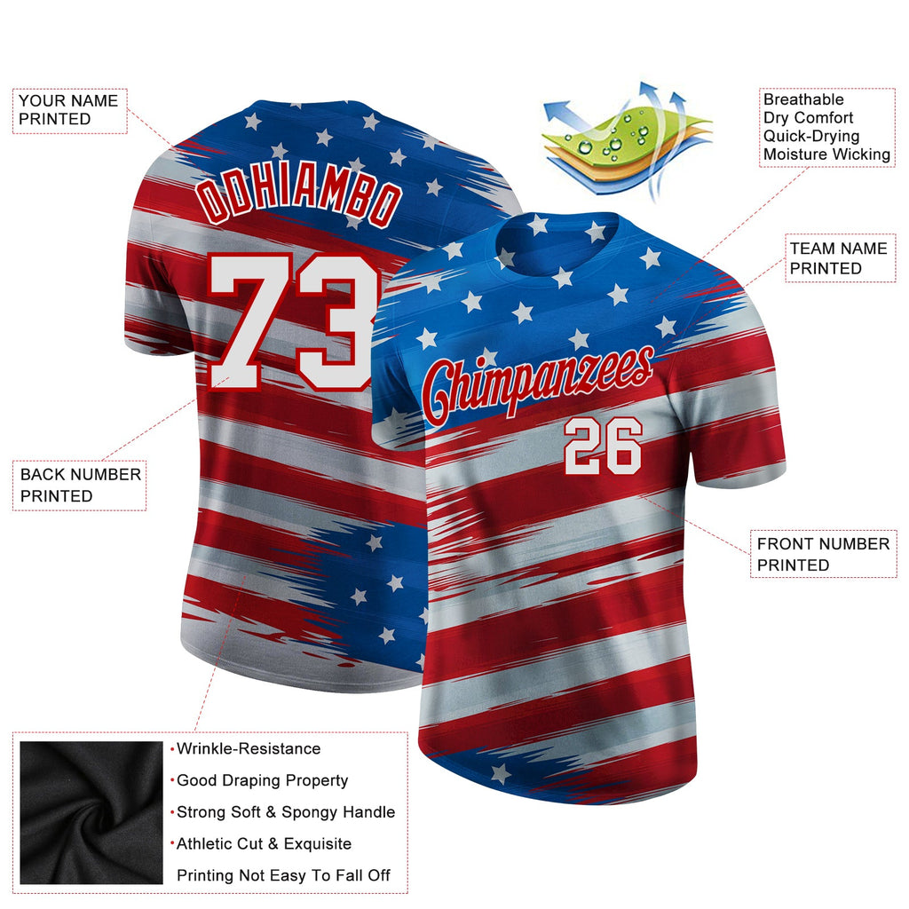 Custom Royal White-Red 3D American Flag Performance T-Shirt