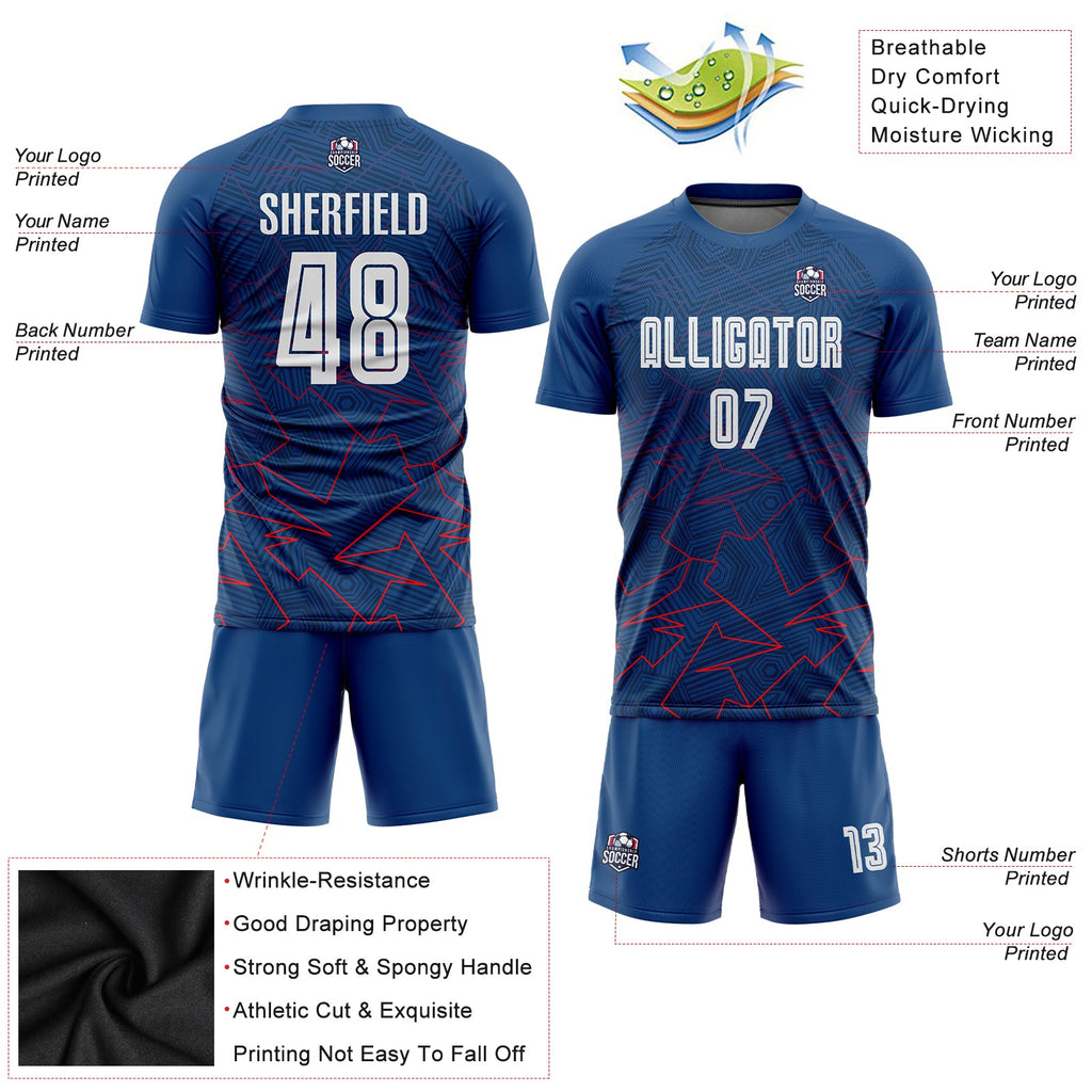 Custom Royal White-Red Away Sublimation Soccer Uniform Jersey