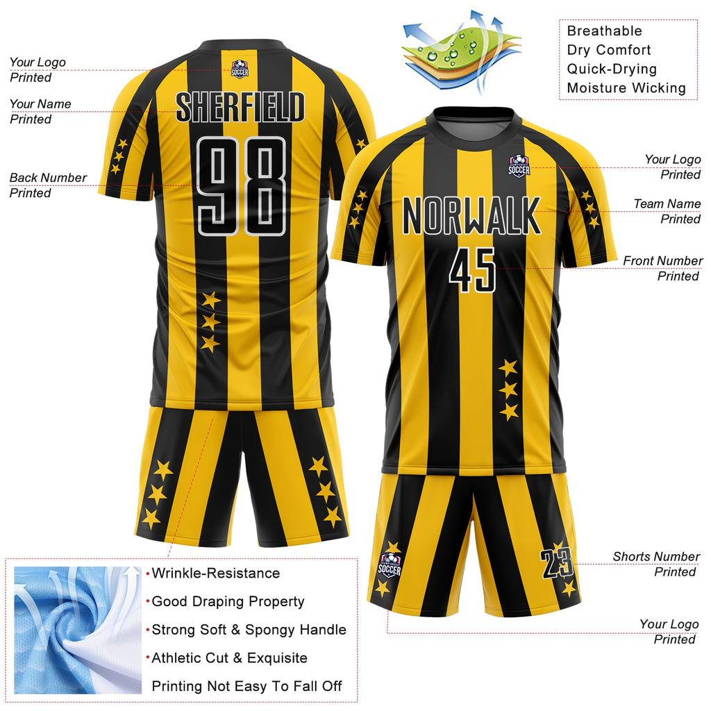 Custom Gold Black-White Stars And Stripes Sublimation Soccer Uniform Jersey