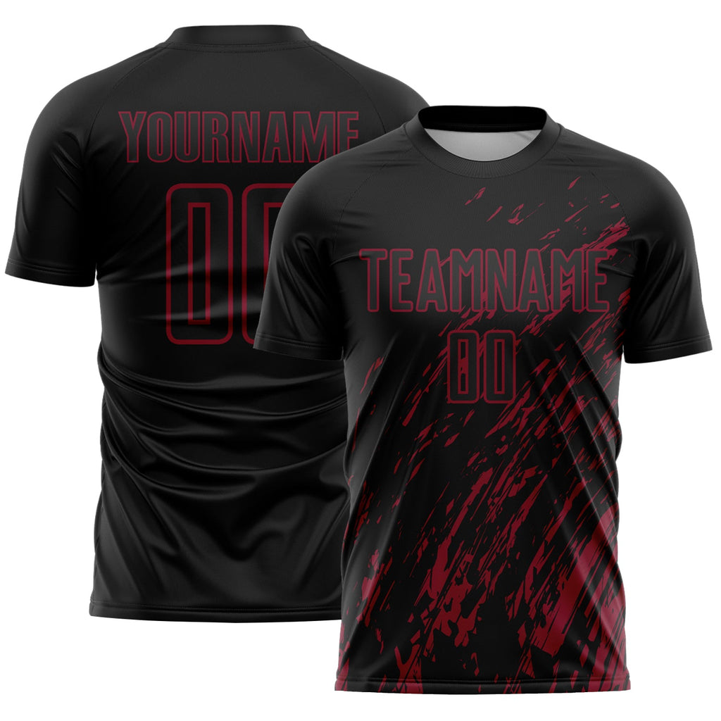 Custom Black Crimson Splash Sublimation Soccer Uniform Jersey