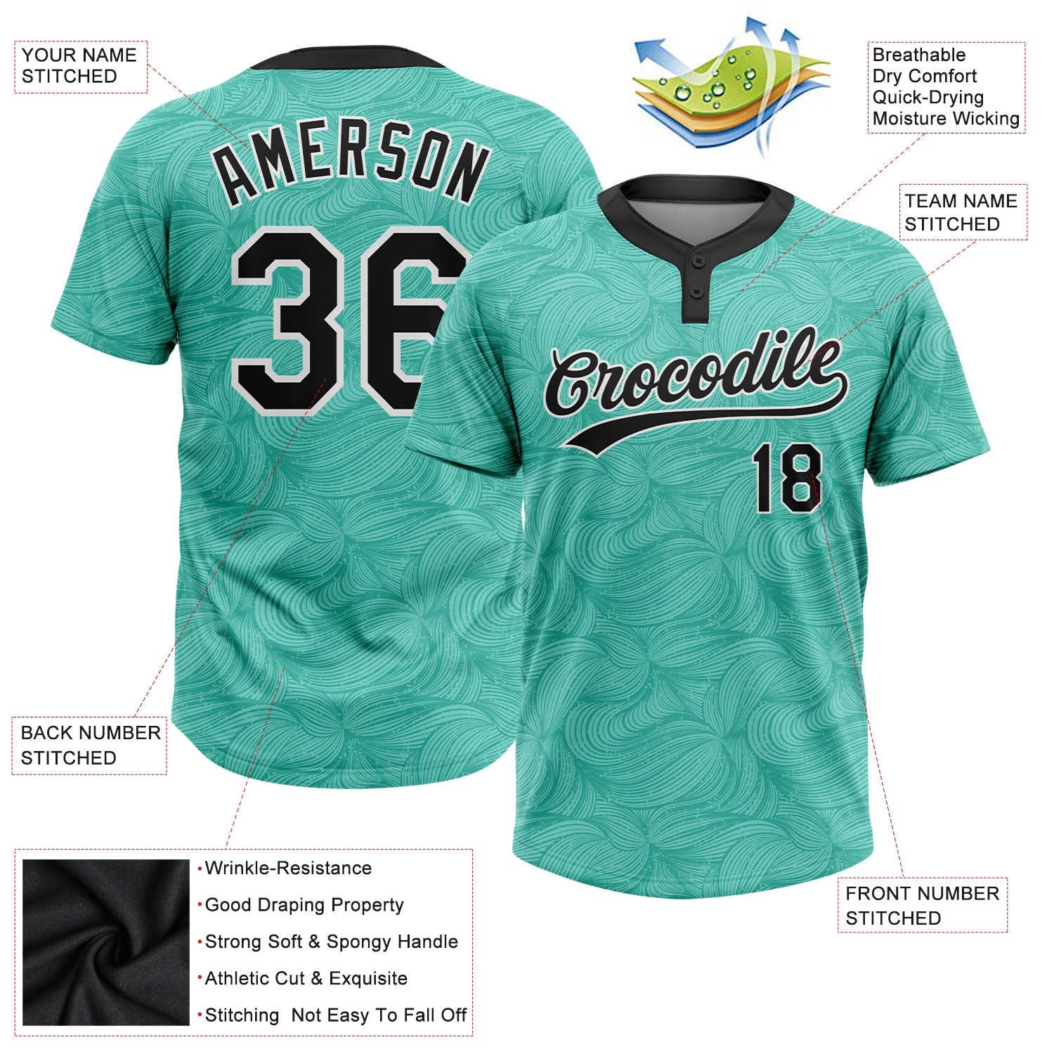 Custom Teal Black-White 3D Pattern Two-Button Unisex Softball Jersey