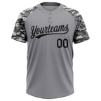 Custom Gray Black Camo Raglan Sleeves Two-Button Unisex Softball Jersey