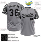Custom Gray Black Camo Raglan Sleeves Two-Button Unisex Softball Jersey