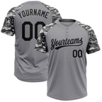 Custom Gray Black Camo Raglan Sleeves Two-Button Unisex Softball Jersey