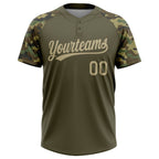 Custom Olive Vegas Gold Camo Raglan Sleeves Salute To Service Two-Button Unisex Softball Jersey