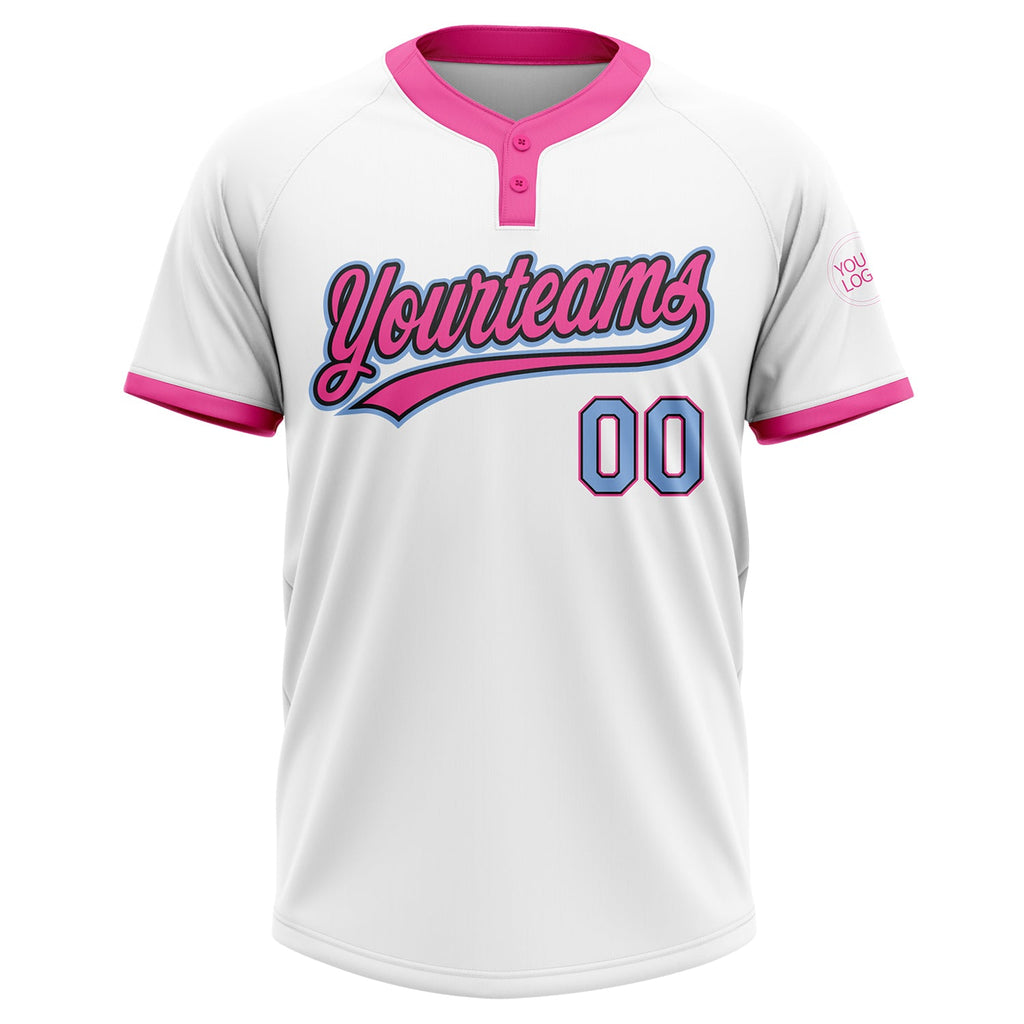 Custom White Light Blue Black-Pink Two-Button Unisex Softball Jersey