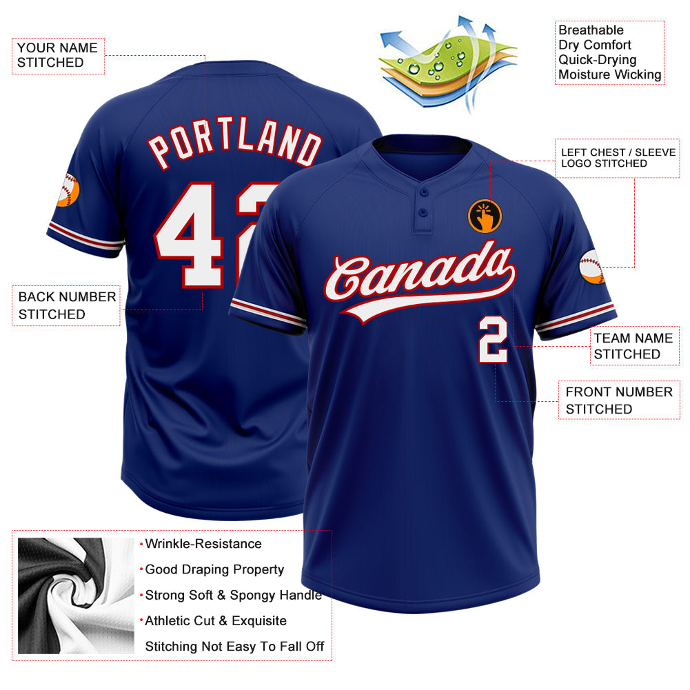 Custom Royal White-Red Two-Button Unisex Softball Jersey