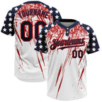 Custom White Navy-Red 3D American Flag Scratch Brush Stroke Star Raglan Sleeves Two-Button Unisex Softball Jersey