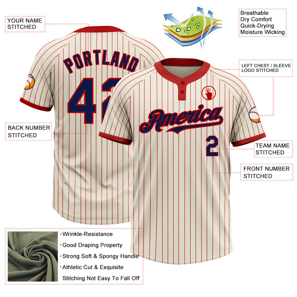 Custom Cream Red Pinstripe Navy Two-Button Unisex Softball Jersey