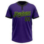 Custom Purple Black Pinstripe Neon Green Two-Button Unisex Softball Jersey
