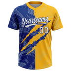Custom Graffiti Pattern White Gold-Royal 3D Scratch Two-Button Unisex Softball Jersey